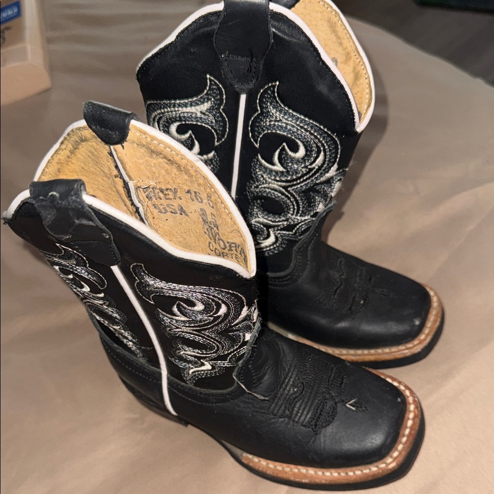 Black Kids Western Cowboy Boots with White Stitching